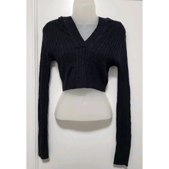 Wet Seal Sweaters - Y2K Wet Seal Black Lightweight Hooded Fitted Crop Sweater Sz M